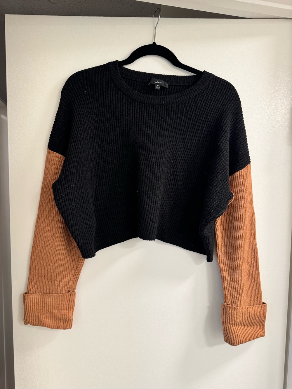 Lulu's Black Cropped Sweater with Camel Colorblock Sleeves